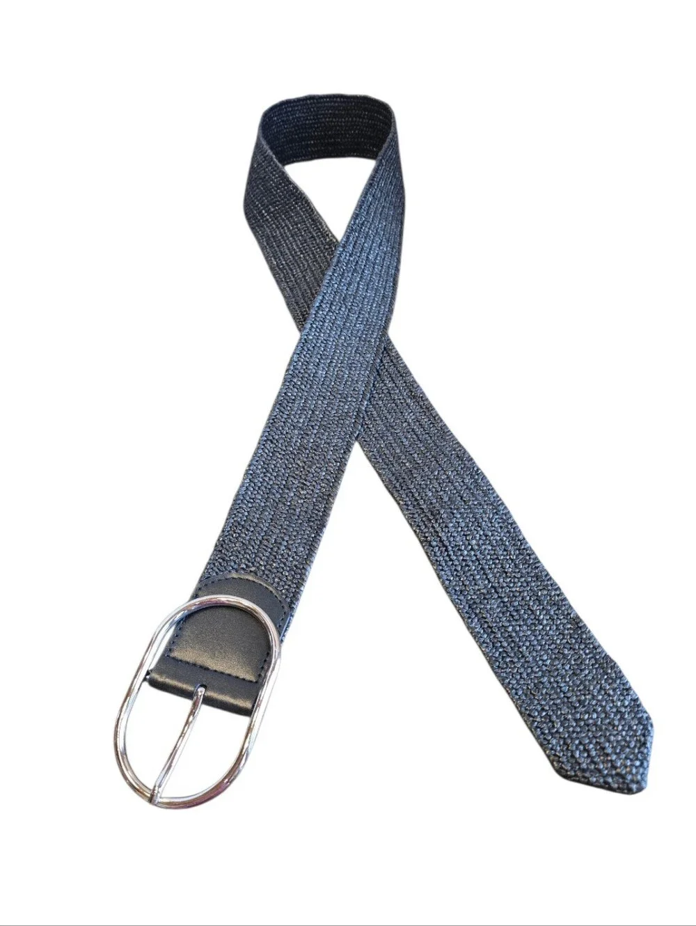 Black Raffia Stretch Silvertone Buckle Adjustable Belt